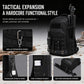 Black waterproof hiking backpack with front pockets, MOLLE expansion panel, side and bottom straps