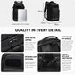 Black backpack with top handle, dual metal zipper, hook-and-loop patch area, size details