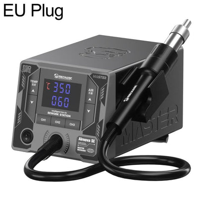 Hot air rework station with black unit, nozzle, and EU plug power cable