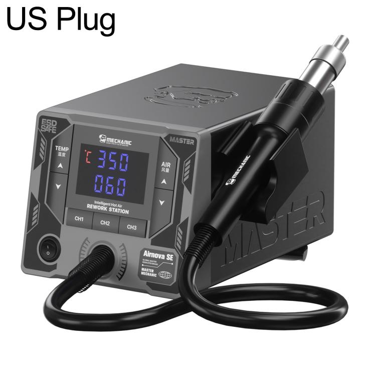 Hot air rework station with black unit, nozzle, and US plug power cable