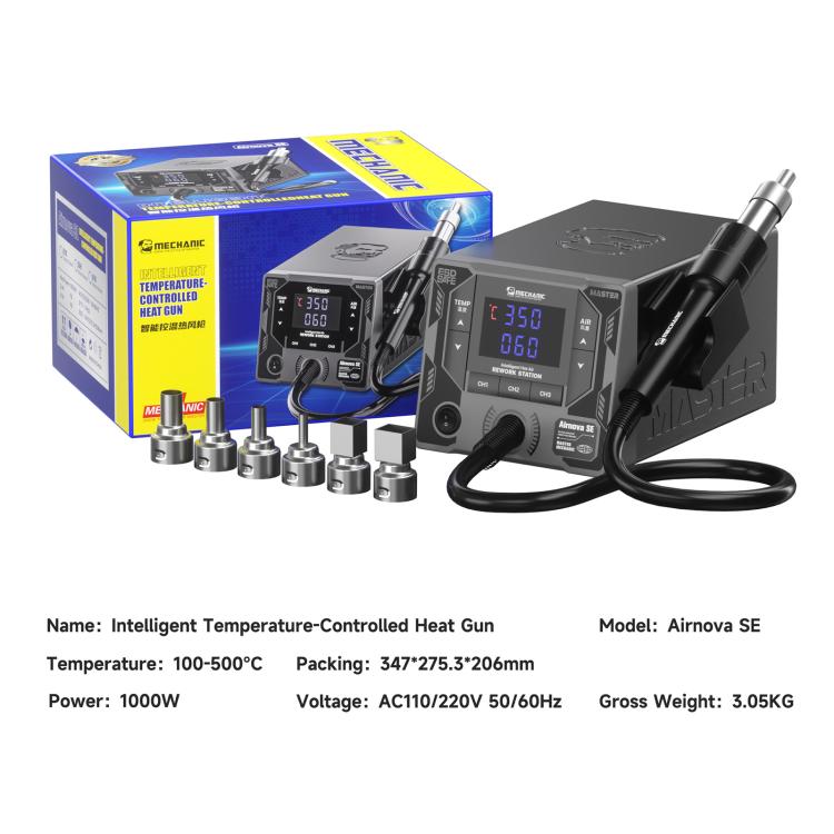 Hot air rework station kit with box, cables, and multiple nozzle attachments