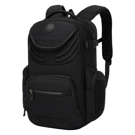 Black laptop backpack with top handle, front pocket, and adjustable shoulder straps