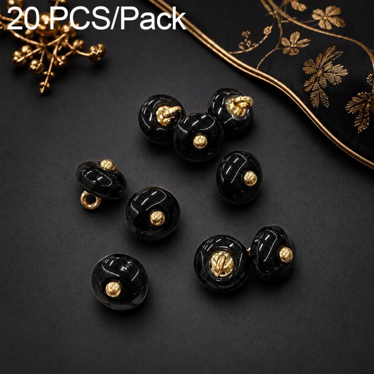 Black resin disc buttons with gold-tone loops, 20-pack decorative fasteners