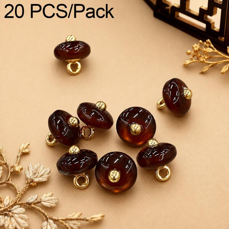 Dark brown resin disc buttons with gold loops, glossy finish, small round design