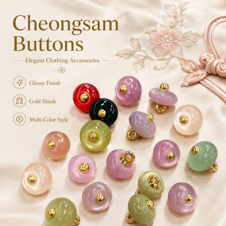 Assorted glossy resin disc buttons with gold shanks and loops, multiple colors