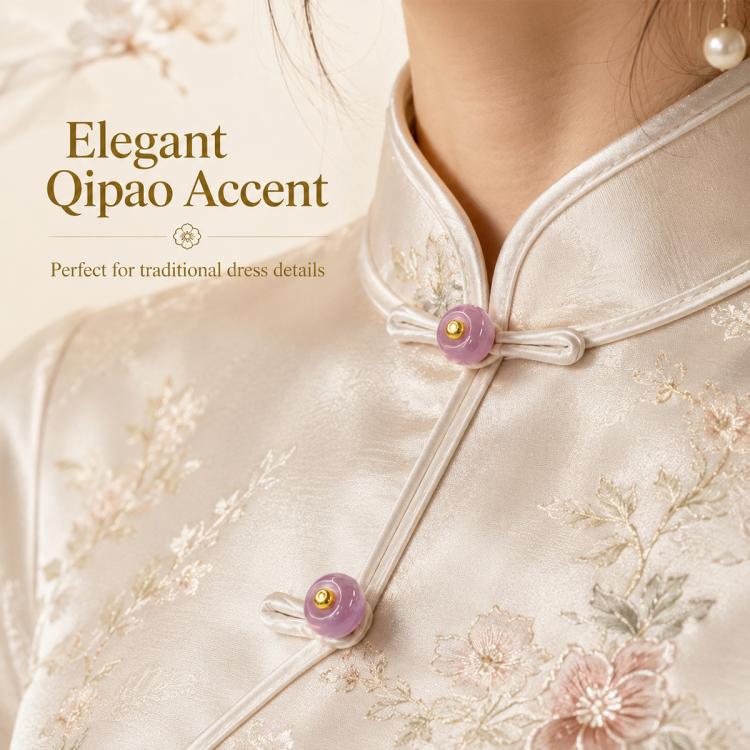 Lavender resin disc button with gold loop shank attached to a cream qipao collar tie