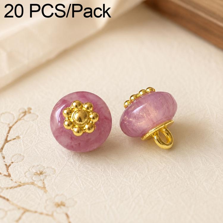 Dark purple resin flat flower-shank buttons with gold decorative flower tops, 2 shown
