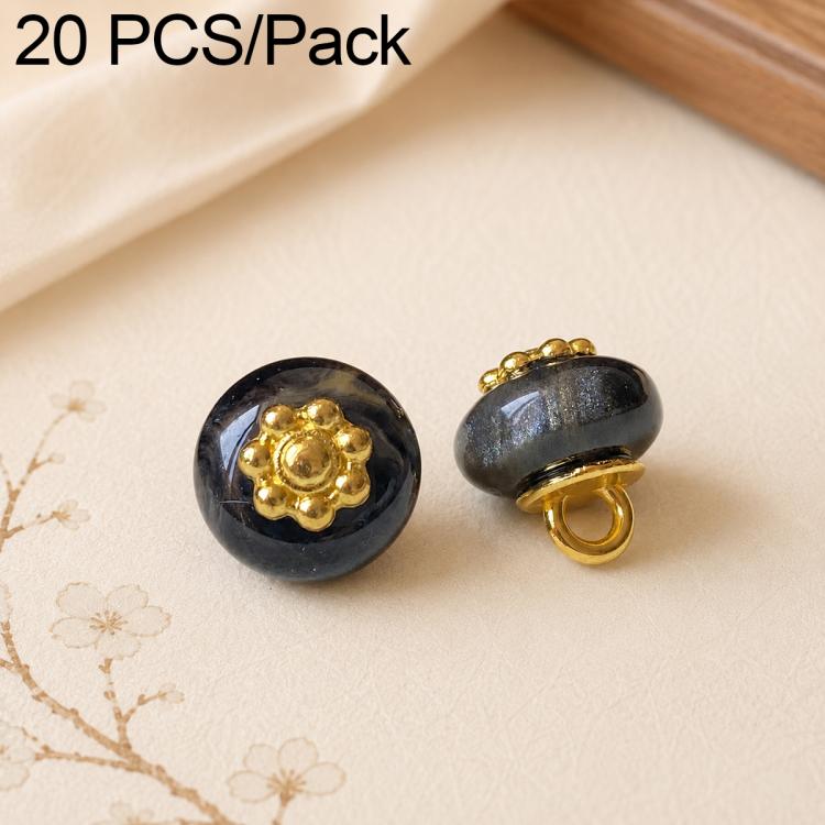 Black resin flat flower-shank buttons with gold decorative flower tops, 2 shown