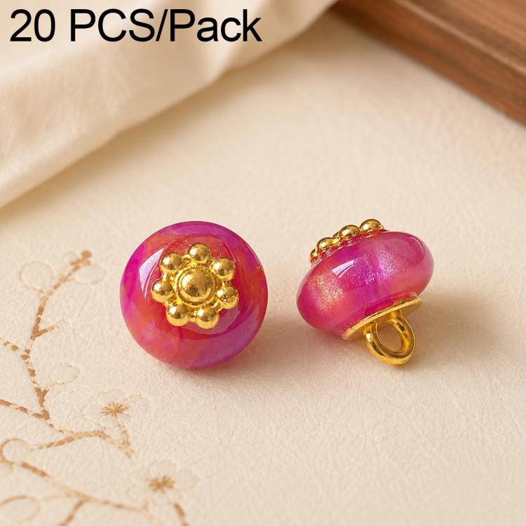 Pink resin flat flower-shank buttons with gold decorative flower tops, 2 shown