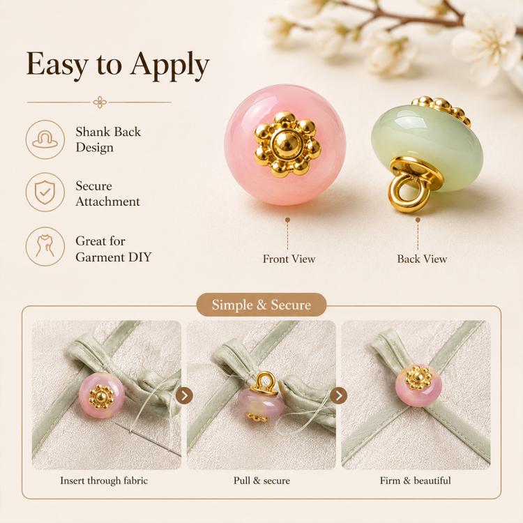 Pink and mint resin floral shank buttons with gold flower tops and loop backs