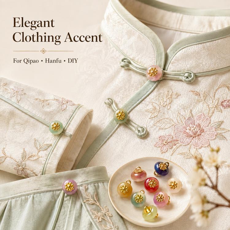 Gold-flecked flower shank buttons in assorted colors on a light garment with trim