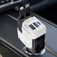 White dual-port car fast charger with retractable Type-C and 8-pin cables