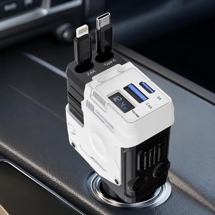 White dual-port car fast charger with retractable Type-C and 8-pin cables