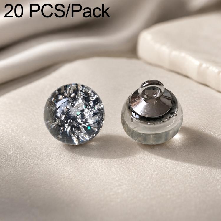 Glass bead Chinese knot button set, clear with silver sparkle flecks, metal loop backing