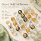 Gold foil glass bead knot buttons, translucent and black-gold, with loop-back tops