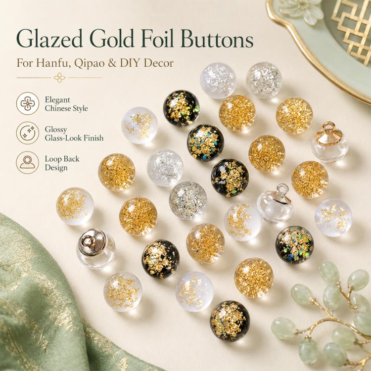 Gold foil glass bead knot buttons, translucent and black-gold, with loop-back tops