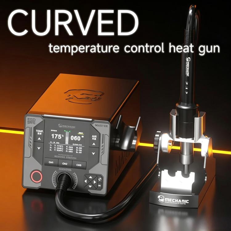Curved temperature control hot air gun with nozzle holder and control panel