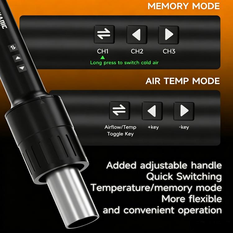 Hot air gun control panel with memory mode and air temperature mode buttons