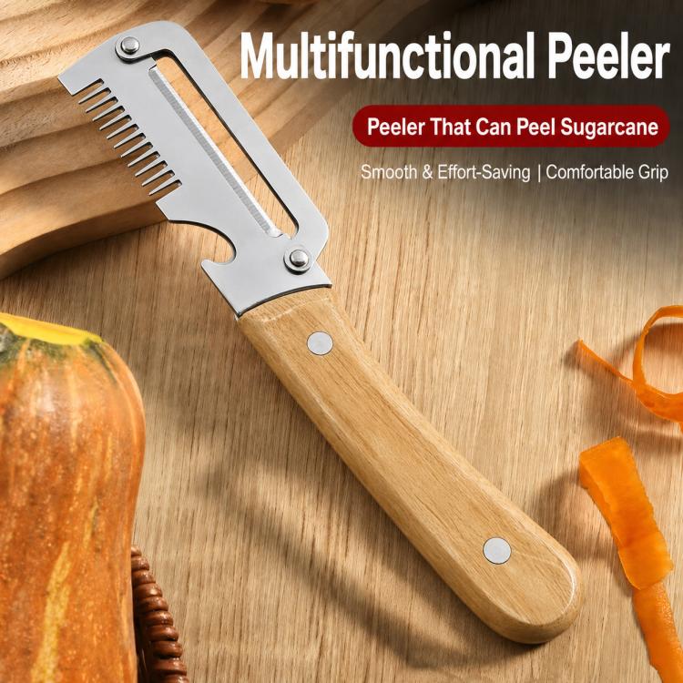 Multifunctional peeler and slicer with stainless blade and wooden grip