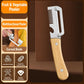 Stainless peeler with curved blade and wooden handle