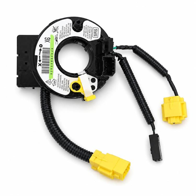 Steering wheel clock spring spiral cable with yellow and black electrical connectors, loose