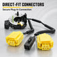 Clock spring spiral cable with multiple black connectors and yellow plugs, front view