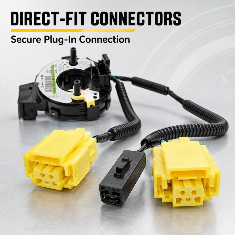 Clock spring spiral cable with multiple black connectors and yellow plugs, front view