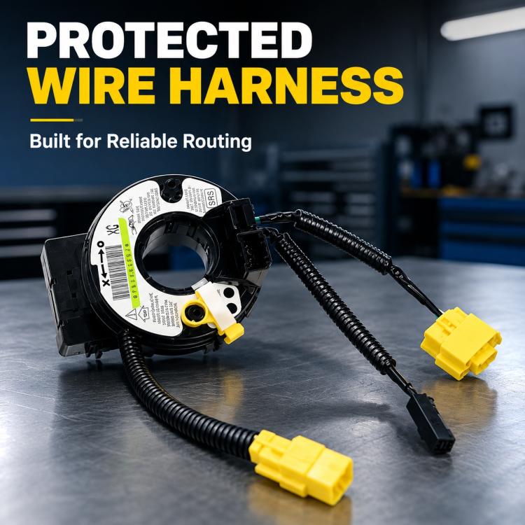 Clock spring spiral cable assembly with protected coiled wiring and yellow airbag connectors