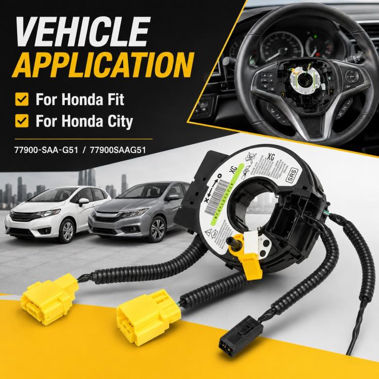Clock spring spiral cable assembly with yellow and black connectors, shown with steering wheel