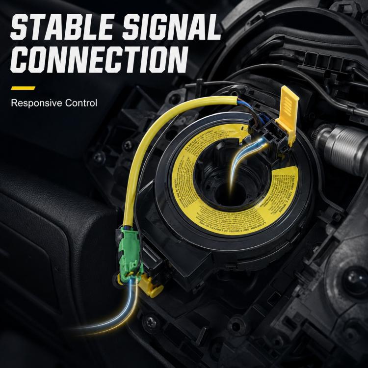 Airbag clock spring spiral cable in steering column area, black housing with yellow leads