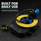Steering wheel clock spring spiral cable with blue inner spool, yellow label, and black housing