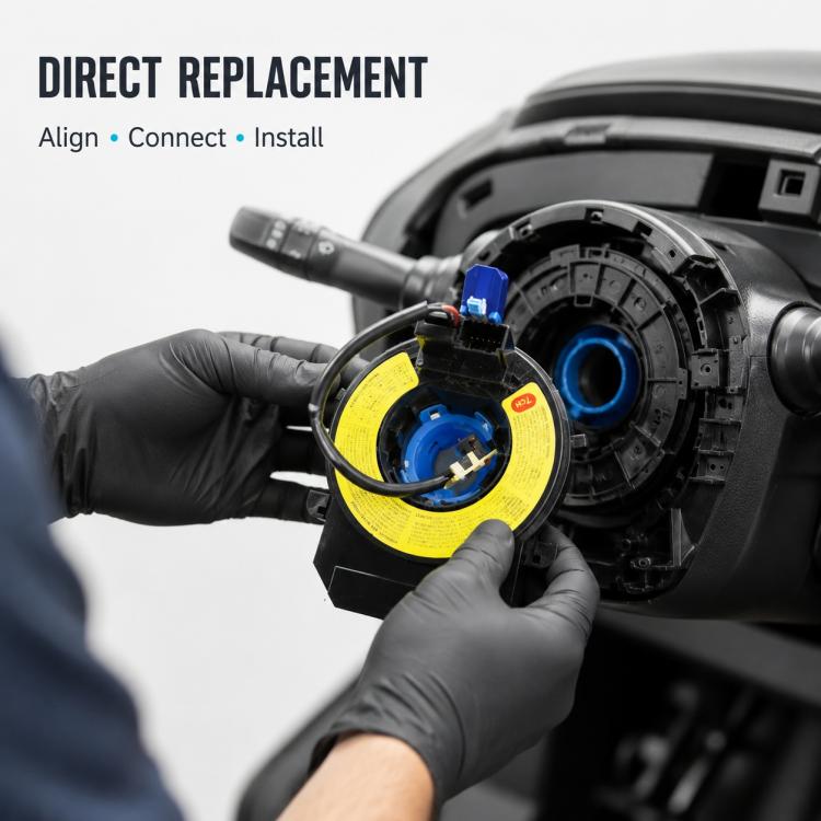 Steering wheel clock spring spiral cable attached to steering wheel with blue connector