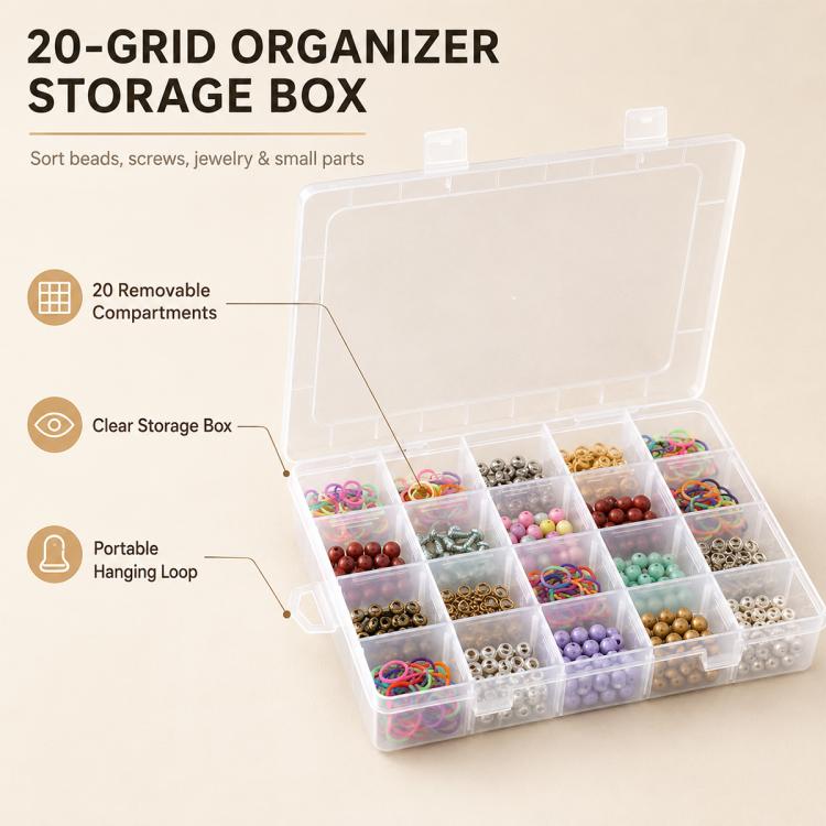20-Compartment Detachable Transparent Plastic Storage Box, 20-Compartment