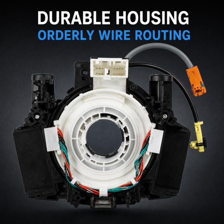 Clock spring spiral cable assembly with white center ring and neatly routed wire harness
