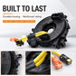 Clock spring spiral cable with black housing, yellow wiring, and orange connector at ends