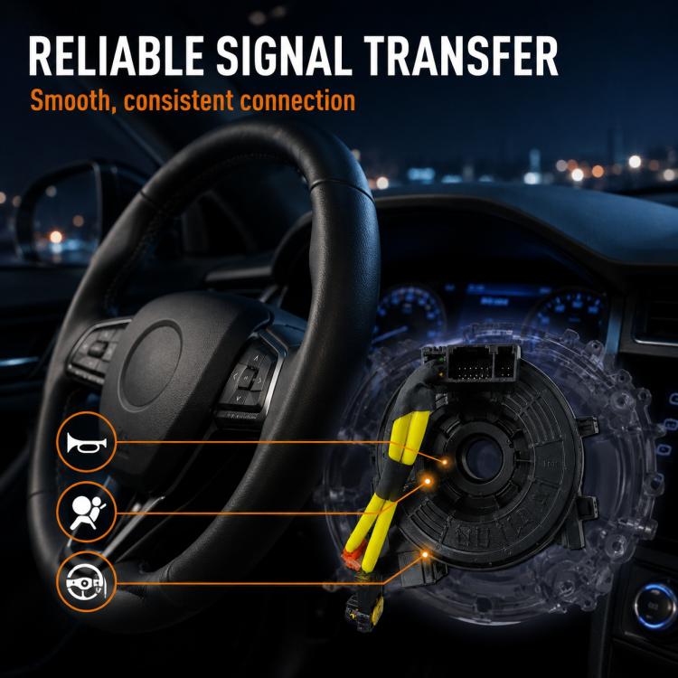 Steering wheel clock spring assembly with black housing, yellow wiring, and orange connector