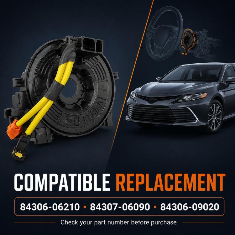 Steering wheel clock spring spiral cable with black housing, yellow leads, and orange plug