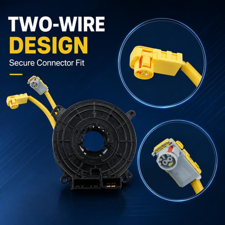 Clock spring assembly with yellow two-wire connector and black circular housing