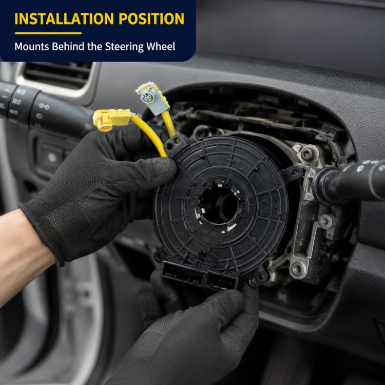 Clock spring spiral cable behind steering wheel, black circular module with yellow lead