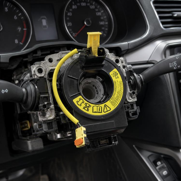 Clock spring spiral cable for car airbag with yellow connectors and safety label