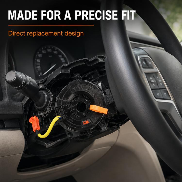 Airbag clock spring assembly mounted near steering wheel with yellow lead