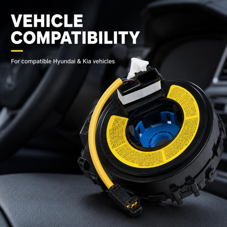 Steering wheel airbag clock spring, black housing with yellow spiral cable and connector block