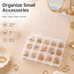 Clear plastic 15-grid organizer box with lid and 15 compartments, open for small jewelry