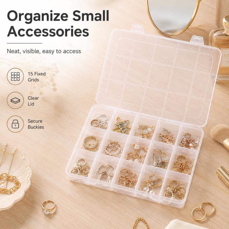 Clear plastic 15-grid organizer box with lid and 15 compartments, open for small jewelry