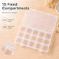 Clear 15-fixed-compartment plastic organizer box with integrated hinged lid, closed