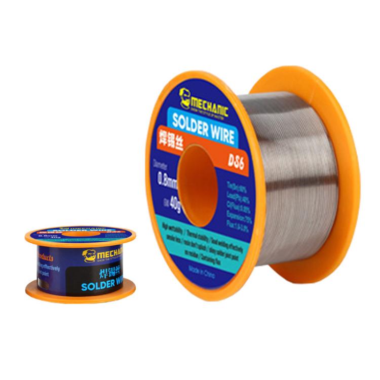 Leaded solder wire spool (DS6) with blue label, orange rim, silver wire reel
