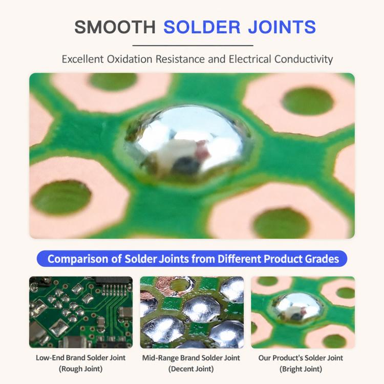 Smooth solder joints infographic with PCB photo and comparison of solder joints