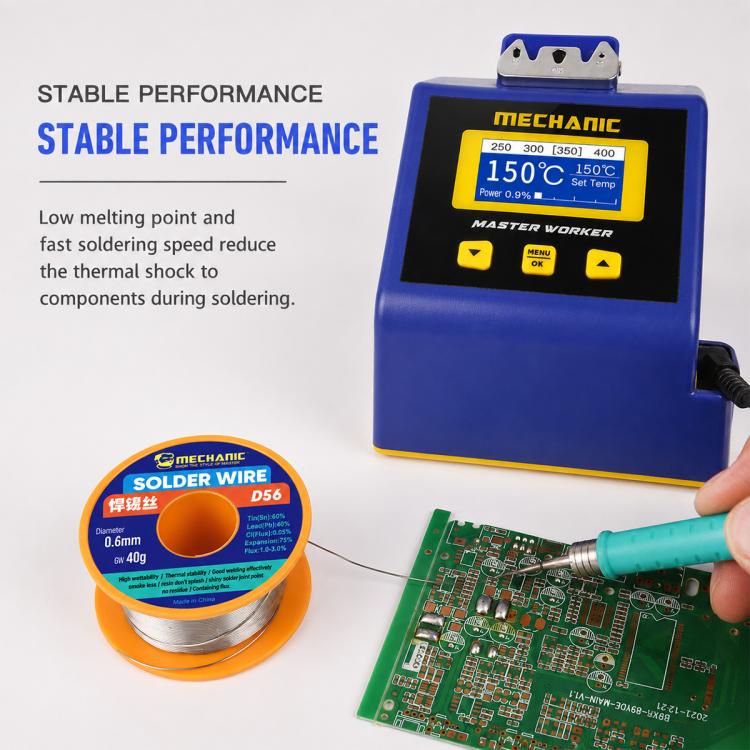 Leaded solder wire DS6 spool and soldering tip working on a green PCB