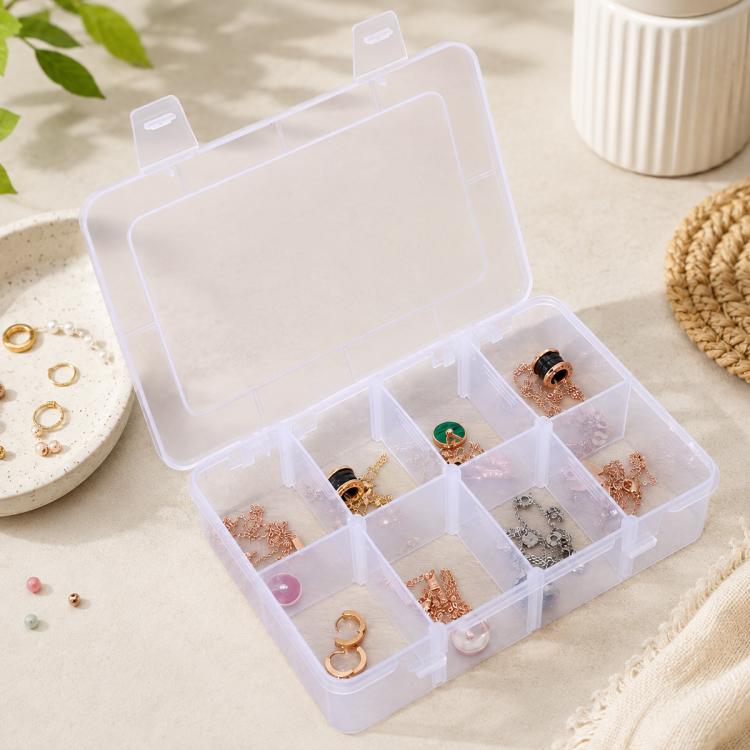8-Compartment Adjustable Dividers Clear Plastic Organizer Box, 8-Compartment