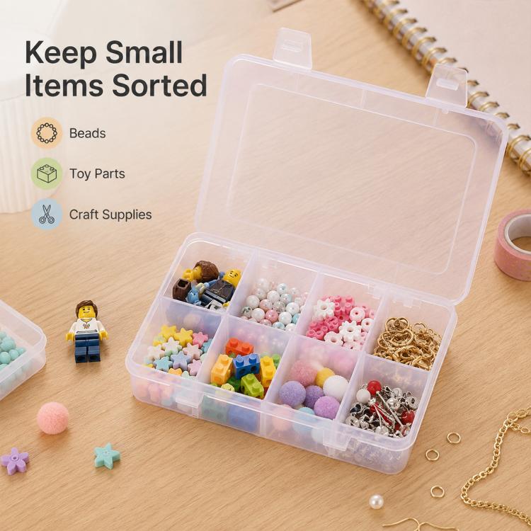 8-Compartment Adjustable Dividers Clear Plastic Organizer Box, 8-Compartment